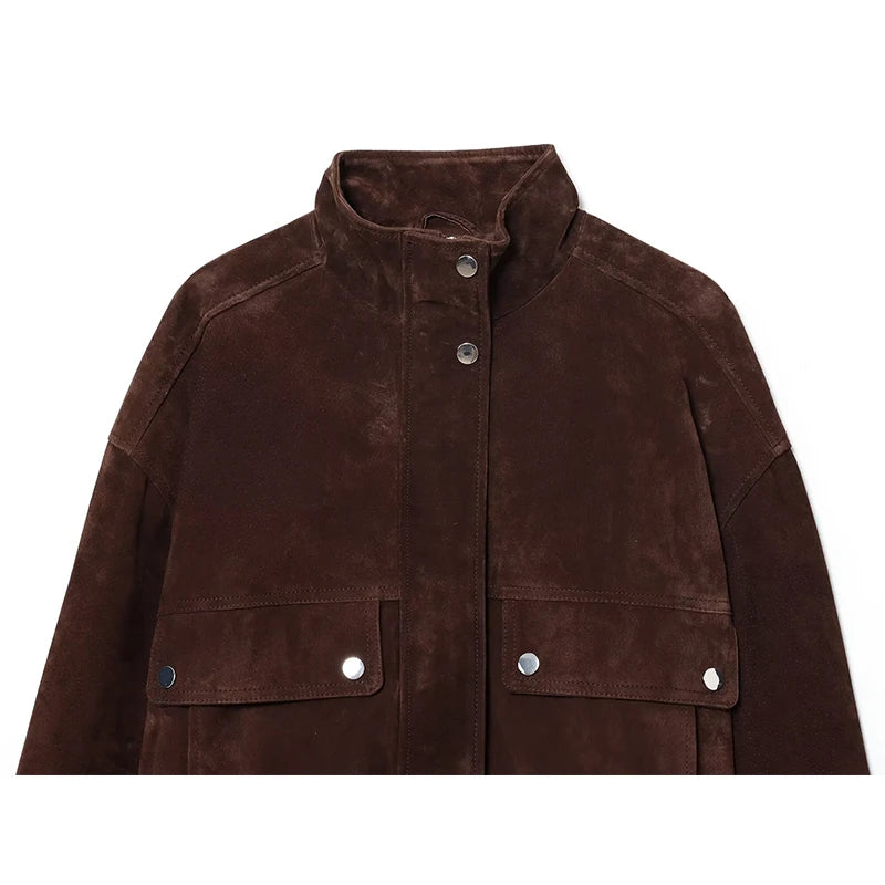 Women's Suede Bomber Jacket Elegant Slim Fit with Big Pockets
