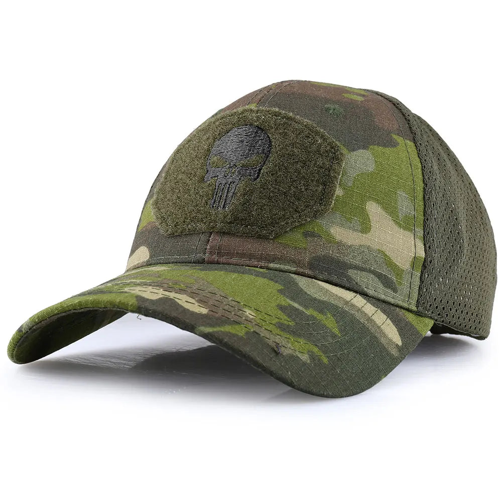 Tactical Skull Patch Baseball Cap – Camo Mesh Snapback Hat
