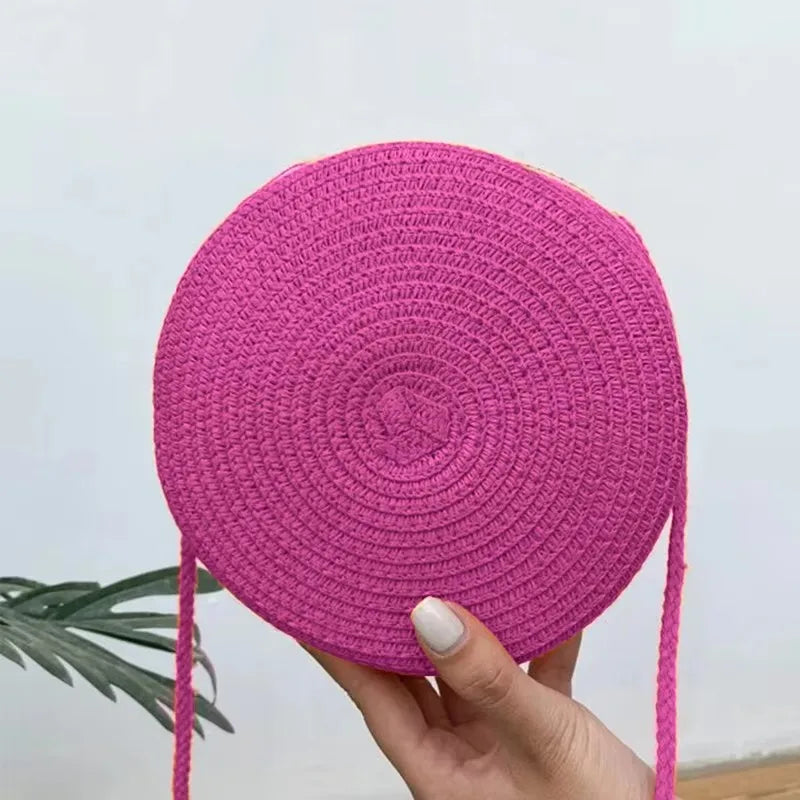 Round Straw Crossbody Bag – Handwoven Rattan Beach Bag for Women