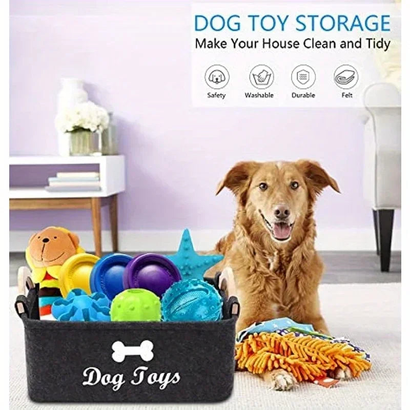 Dog Toy Storage Basket – Felt Pet Toy Box with Wooden Handles