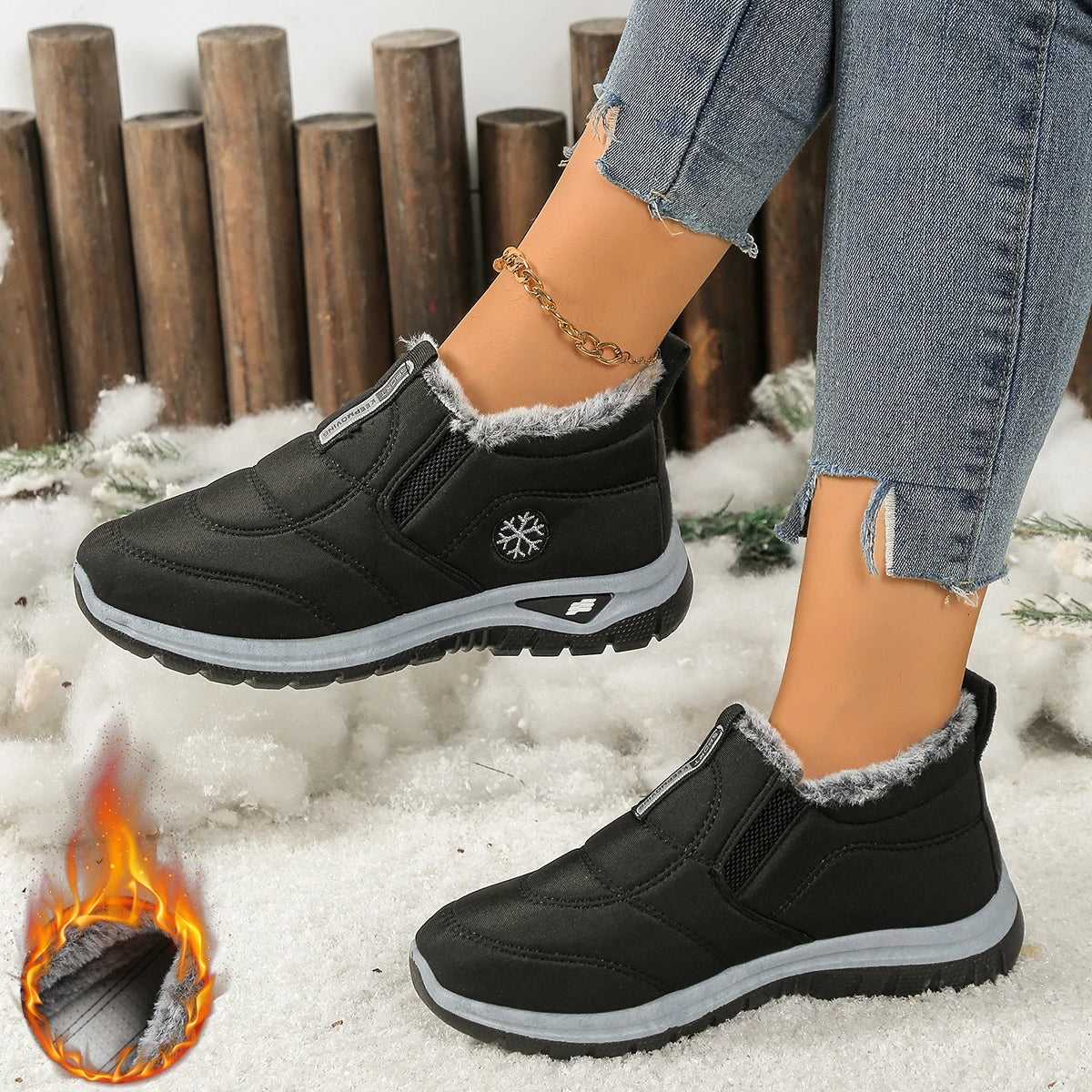 Women's Fleece-Lined Winter Snow Boots Slip-On Warm Casual Shoes