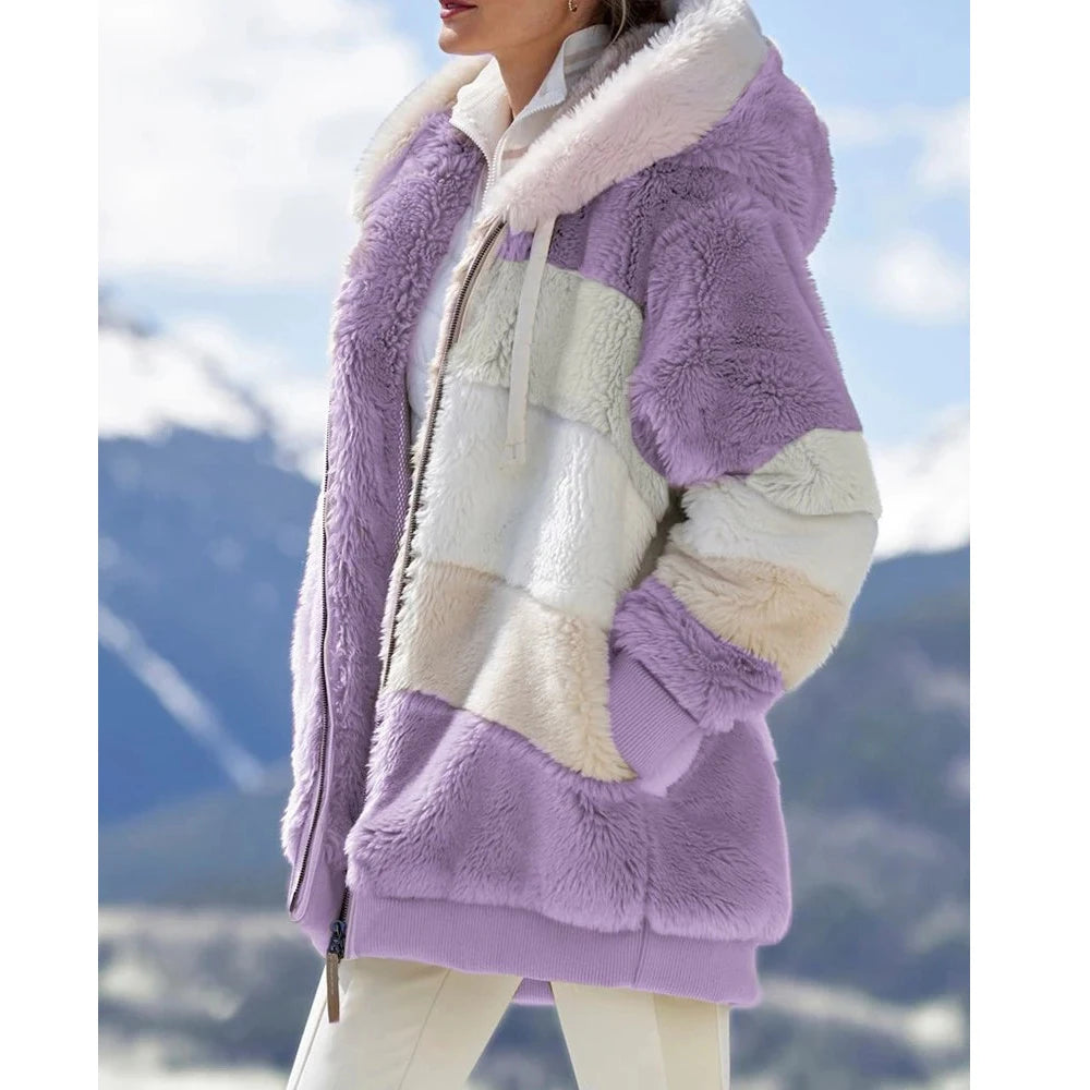 Women's Oversized Fluffy Hooded Jacket – Color Block Teddy Coat