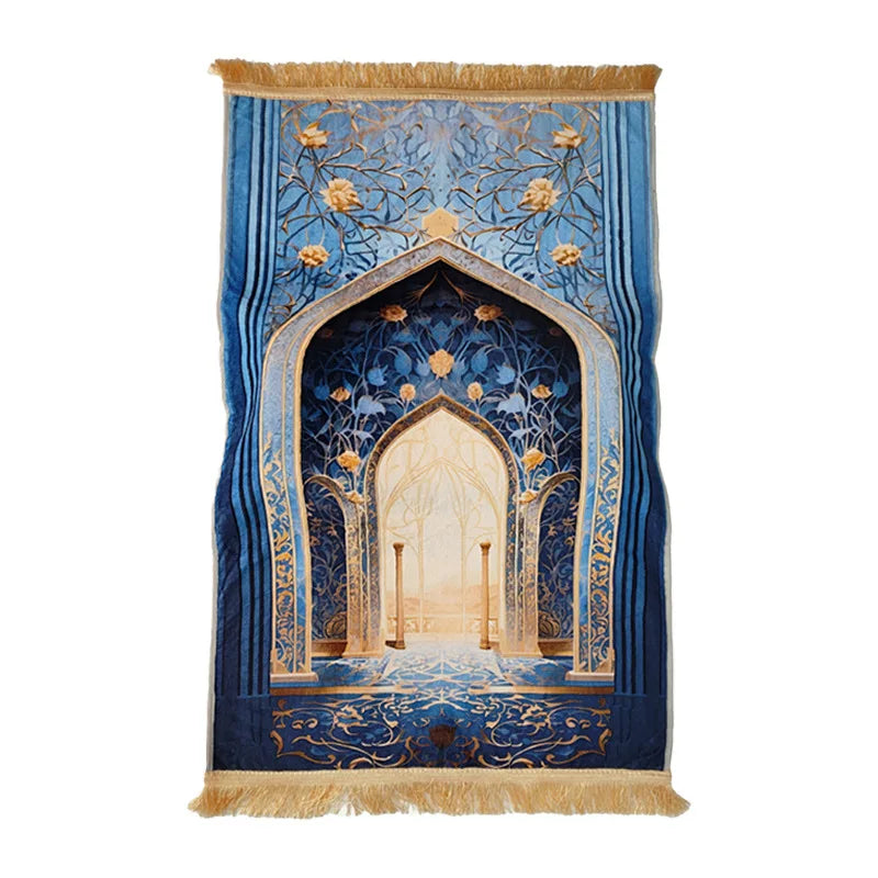 Muslim Prayer Rug with Vintage Mosque Pattern – Soft Velvet Mat