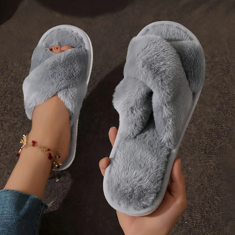 Cross Strap Fur Slippers Women Indoor Light Warm Plush Home Woman Faux Flat Heel Couple Slides Plus