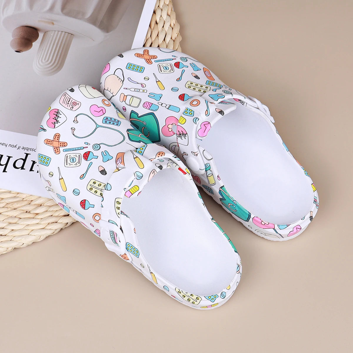 Cartoon Print Nurse Clogs Women – Non-Slip Closed Toe