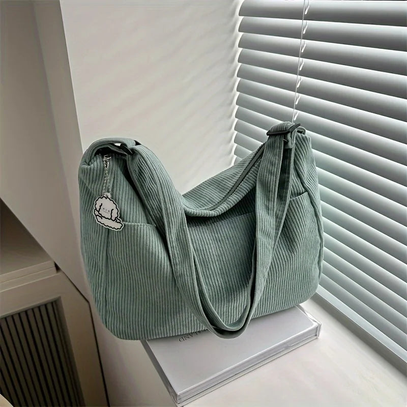 Women's Corduroy Shoulder Tote Bag – Large Capacity with Cute Patch