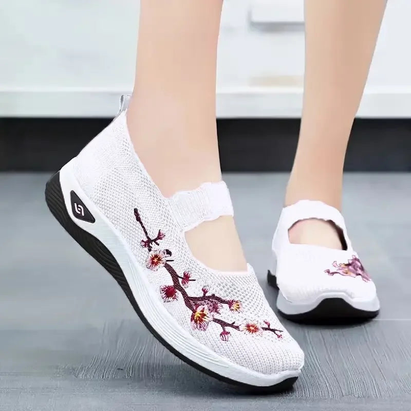 Women's Embroidered Slip-On Sneakers – Breathable Chunky Sole Casual Shoes