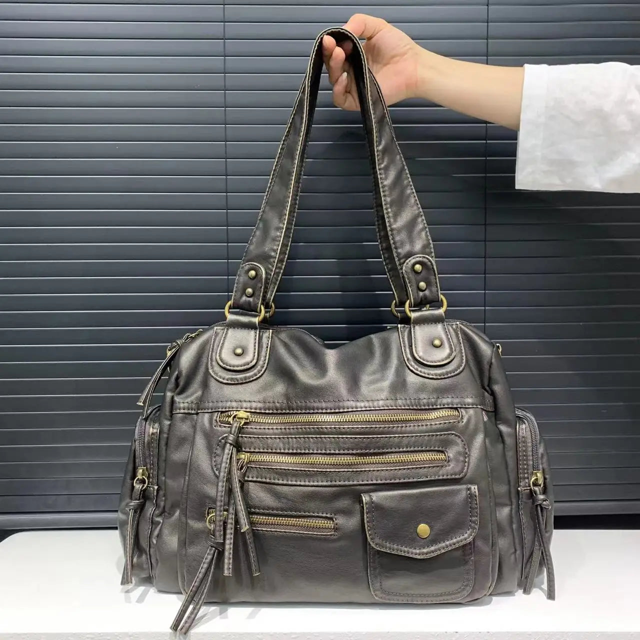 Vintage Washed Leather Shoulder Bag – Y2K Motorcycle Crossbody
