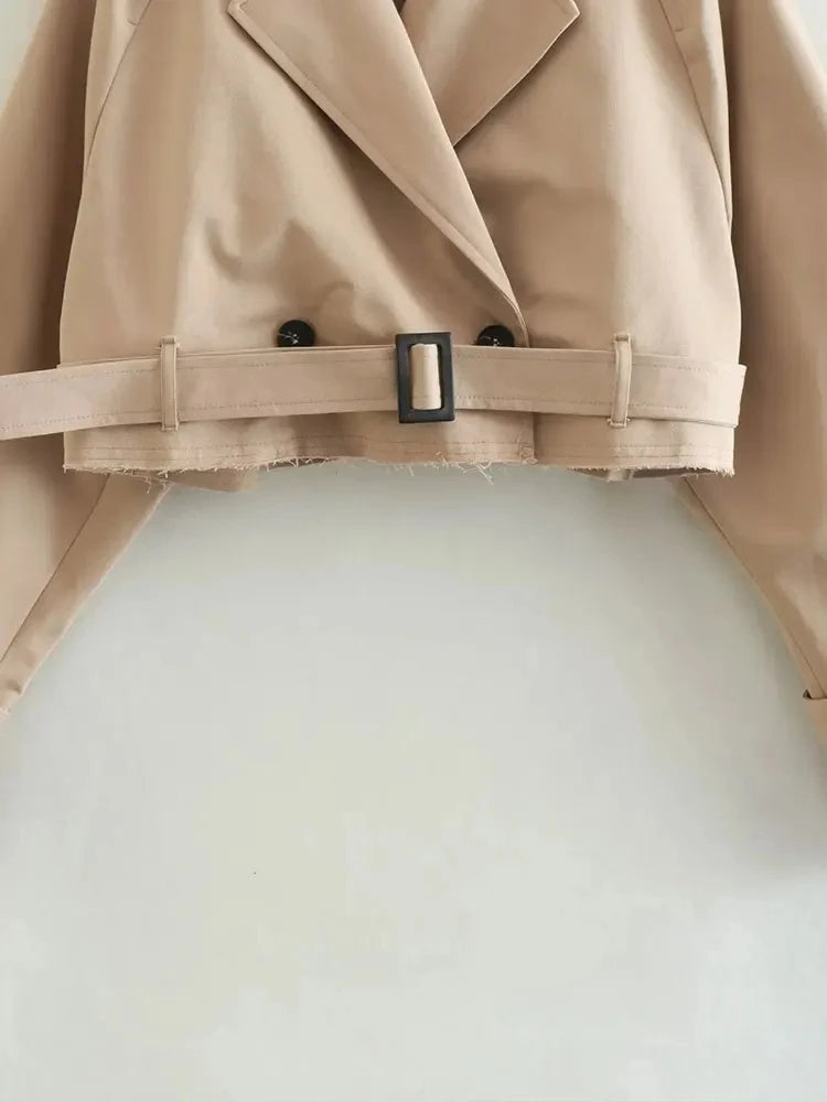 Cropped Trench Jacket for Women – Double Breasted Belt Coat