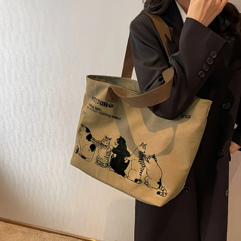 Canvas Tote Bag for Women – Cute Cat Print Shoulder Bag with Zipper