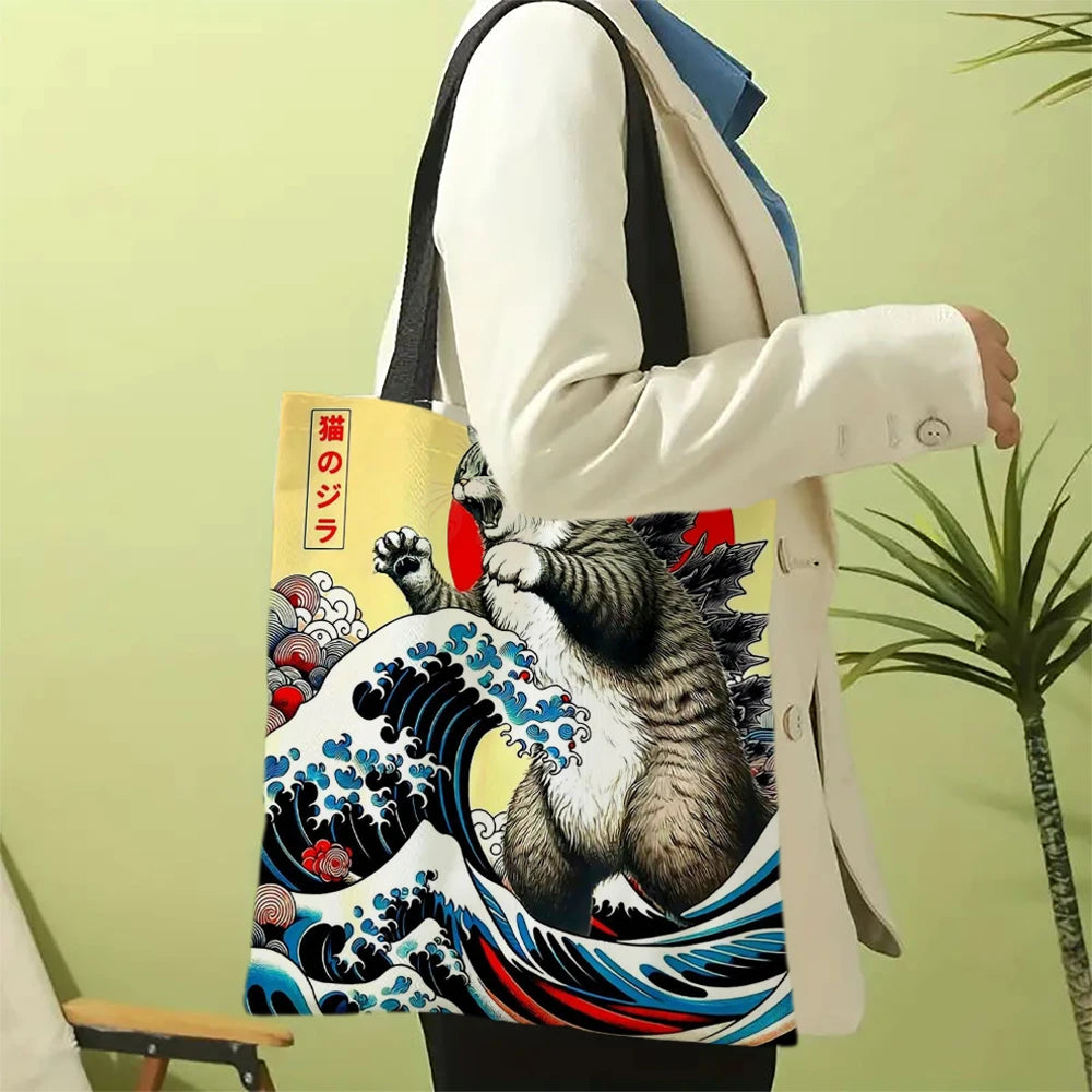 Catzilla Japanese Art Tote Bag – Reusable Canvas Shoulder Bag