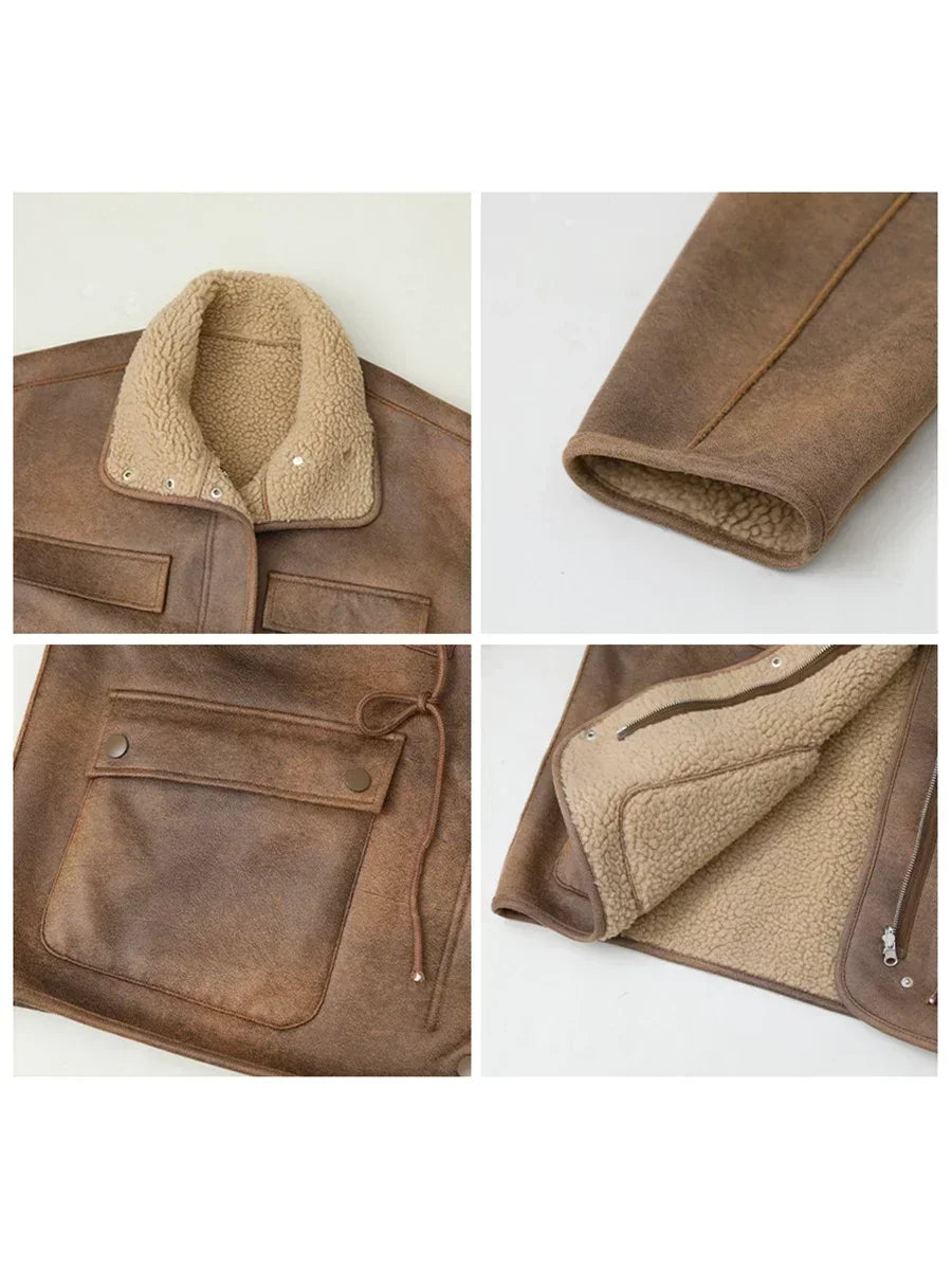 Women's Reversible Suede Sherpa Jacket – Warm Oversized Coat