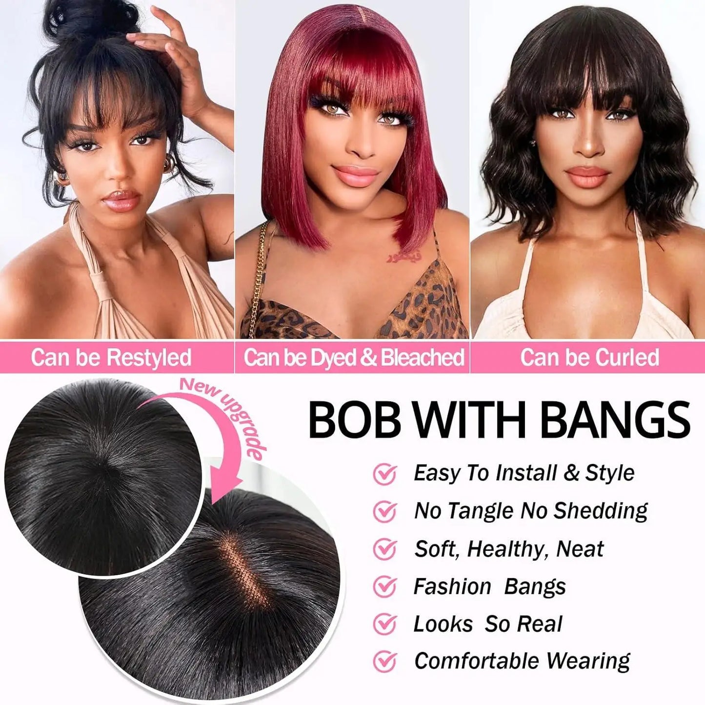 Bob Wig with Bangs Human Hair – 2x1 Lace Closure Straight Short Wig Realistic Scalp
