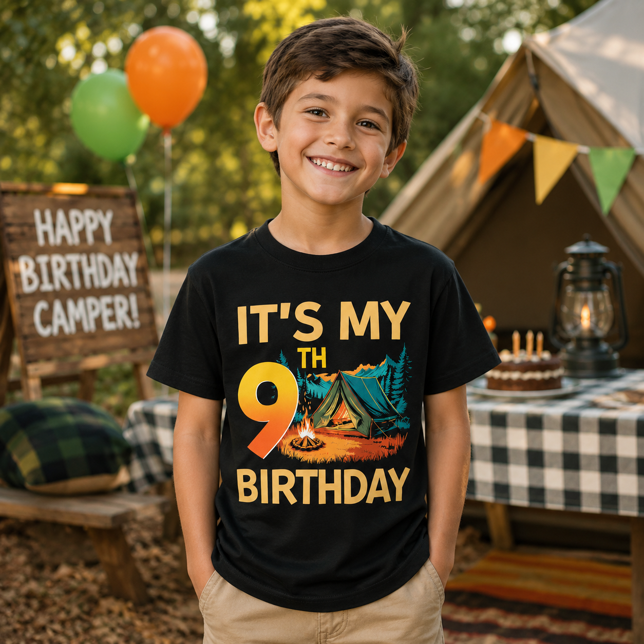 9 Year Old Boy Girl It's My 9th Birthday Camping Party Shirt