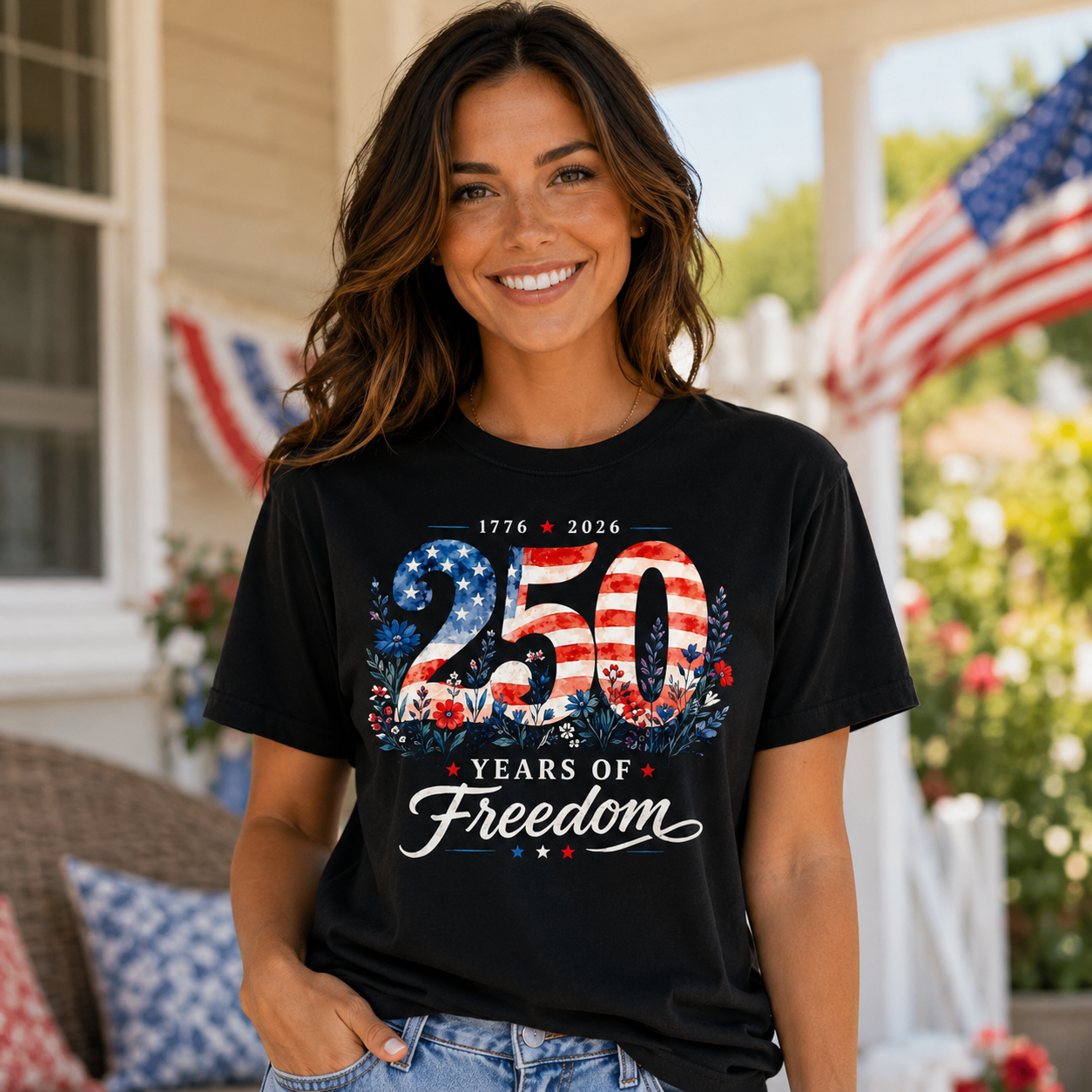 250 Years of Freedom 1776 Patriotic Floral Women 4th of July Shirt