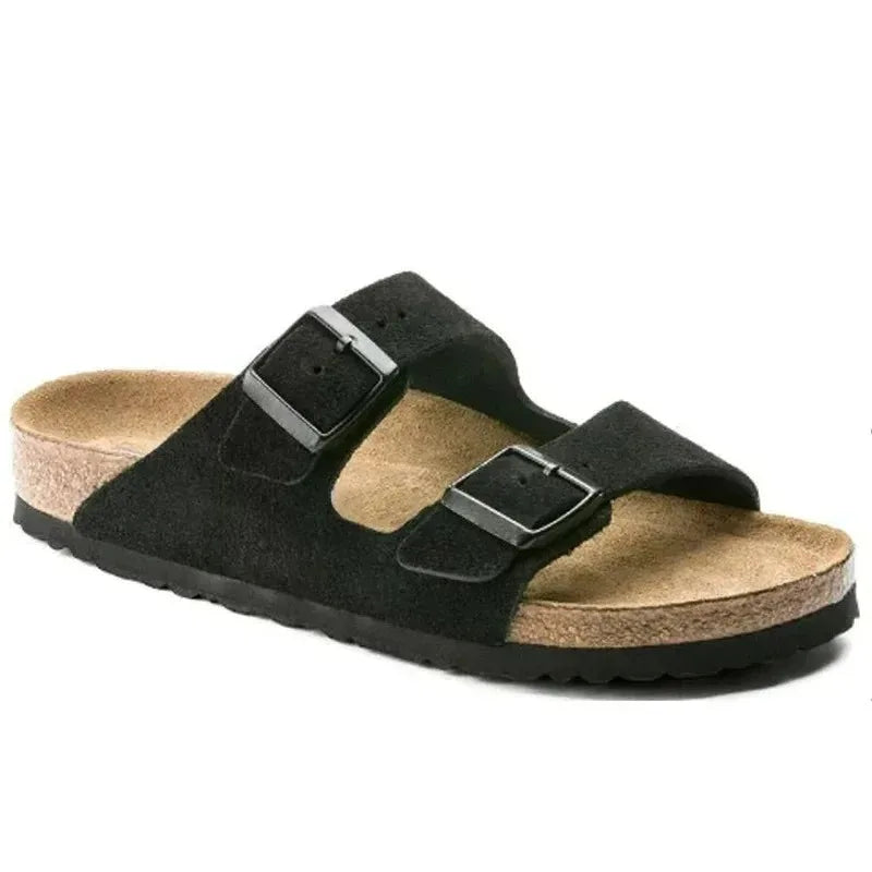 Unisex Suede Cork Footbed Sandals Double Buckle Adjustable Comfort Casual Summer Slippers Shoes