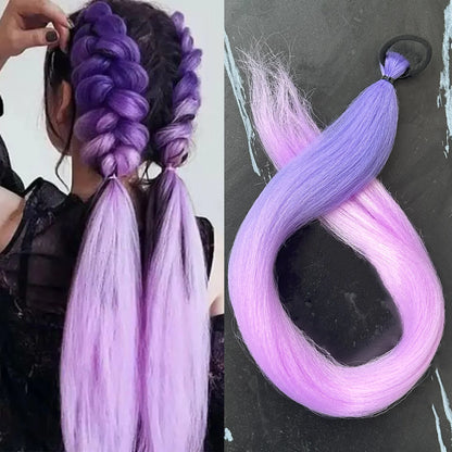 Synthetic 28inch Long Straight Ponytail Purple Diy Braided Rubber Band Halloween Hair Accessories