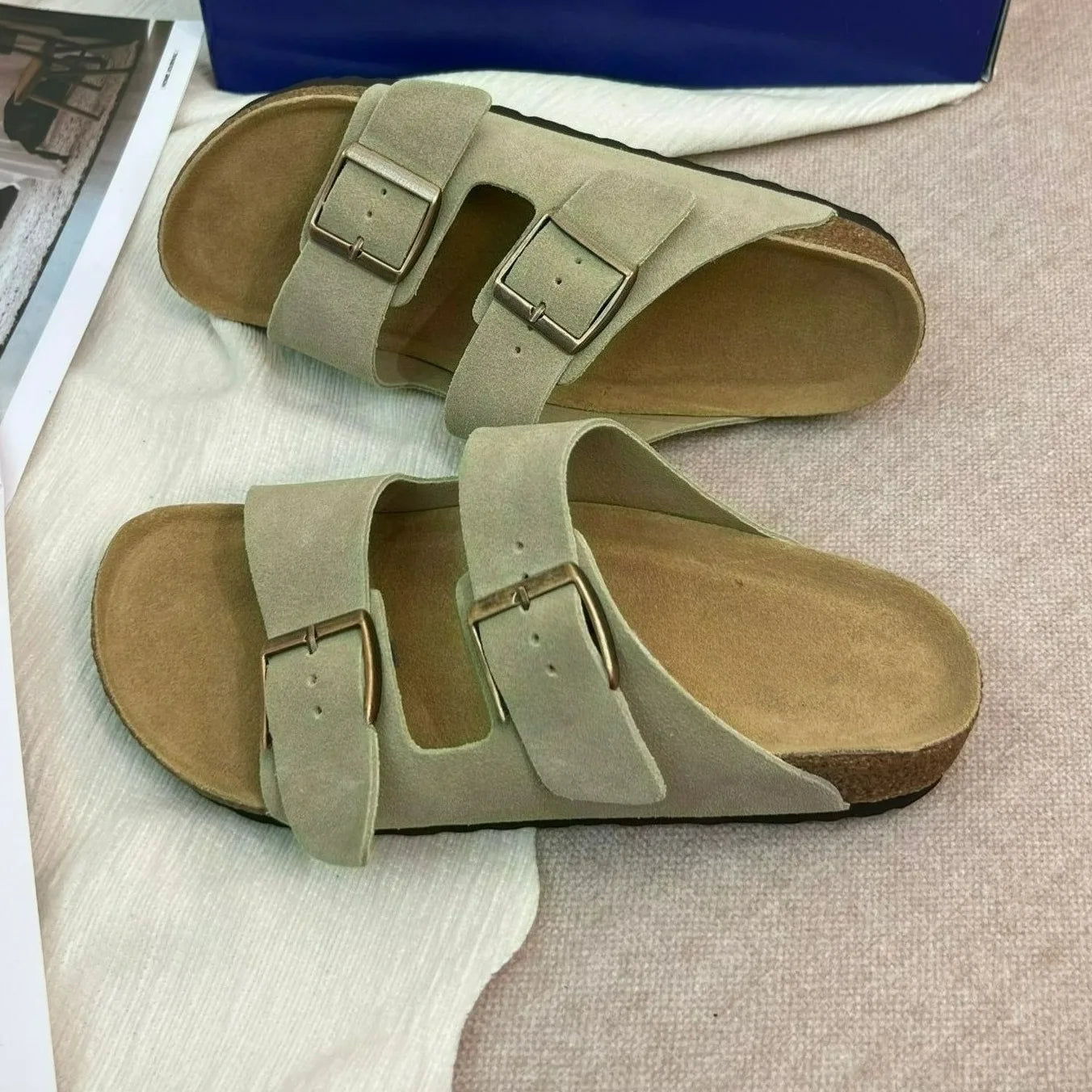 Unisex Suede Cork Footbed Sandals Double Buckle Adjustable Comfort Casual Summer Slippers Shoes