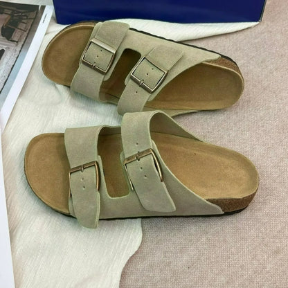 Unisex Suede Cork Footbed Sandals Double Buckle Adjustable Comfort Casual Summer Slippers Shoes
