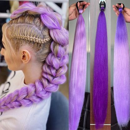 Synthetic 28inch Long Straight Ponytail Purple Diy Braided Rubber Band Halloween Hair Accessories