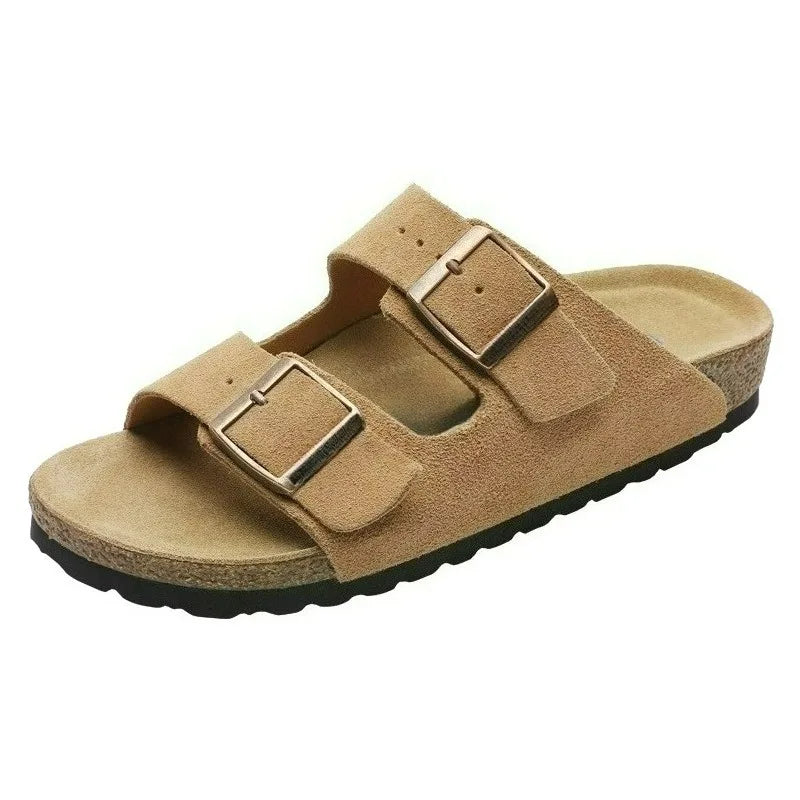 Unisex Suede Cork Footbed Sandals Double Buckle Adjustable Comfort Casual Summer Slippers Shoes