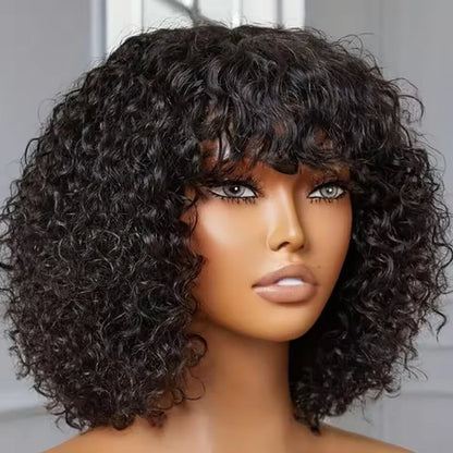 Jerry Curly Short Pixie Bob Cut Human Hair Wigs Bangs Women Wear Go Peruvian Highlight Honey Water