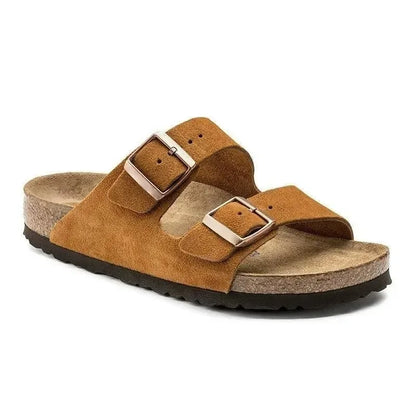 Unisex Suede Cork Footbed Sandals Double Buckle Adjustable Comfort Casual Summer Slippers Shoes