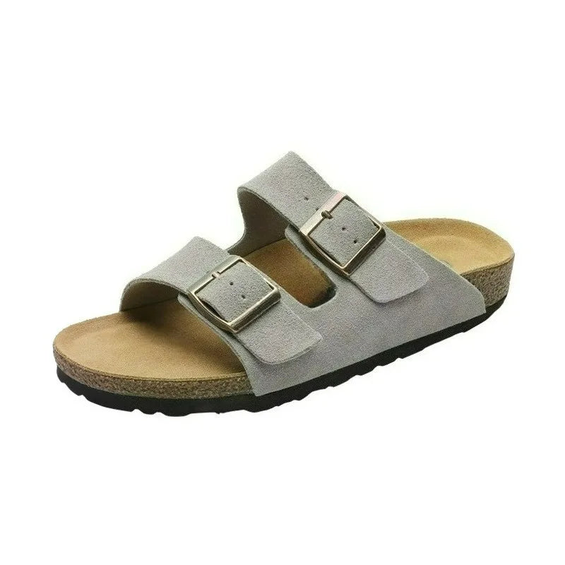Unisex Suede Cork Footbed Sandals Double Buckle Adjustable Comfort Casual Summer Slippers Shoes