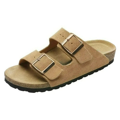 Unisex Suede Cork Footbed Sandals Double Buckle Adjustable Comfort Casual Summer Slippers Shoes
