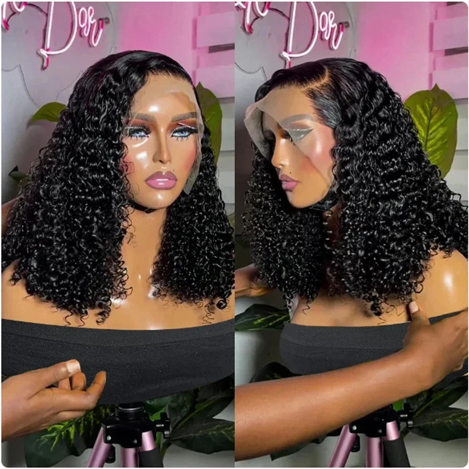 Bob Wig Human Hair 13x4 Transparent Lace Front Wigs Super Double Drawn Black Women Deep Wave Curly