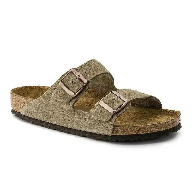 Unisex Suede Cork Footbed Sandals Double Buckle Adjustable Comfort Casual Summer Slippers Shoes