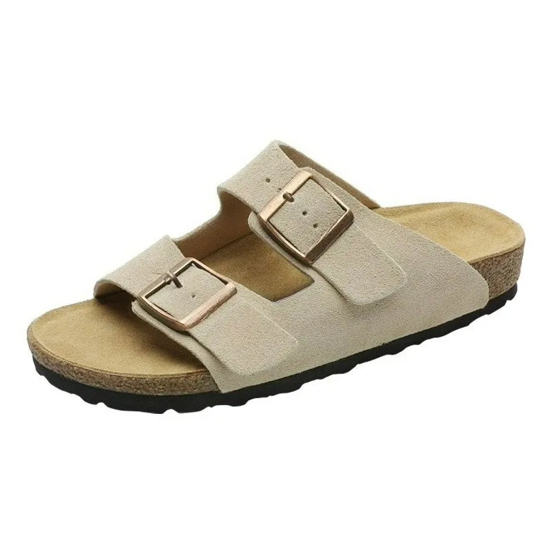 Unisex Suede Cork Footbed Sandals Double Buckle Adjustable Comfort Casual Summer Slippers Shoes