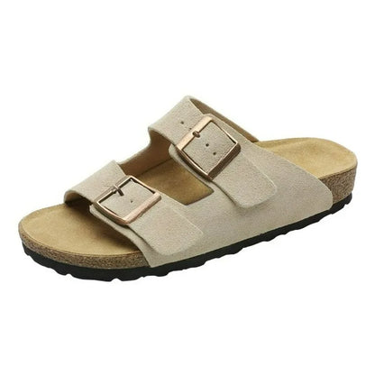 Unisex Suede Cork Footbed Sandals Double Buckle Adjustable Comfort Casual Summer Slippers Shoes