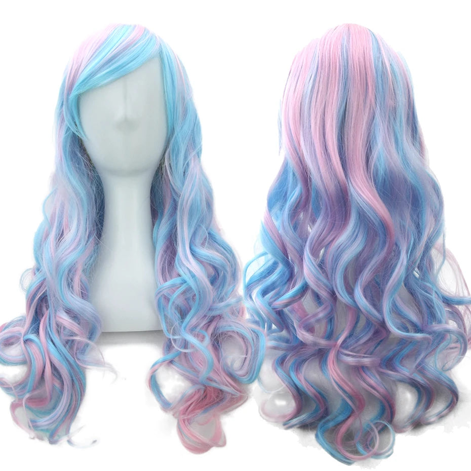 Soowee Synthetic Hair Ombre Rainbow Cosplay Wig Bangs Red Yellow Purple Green Blue Wigs Black Women
