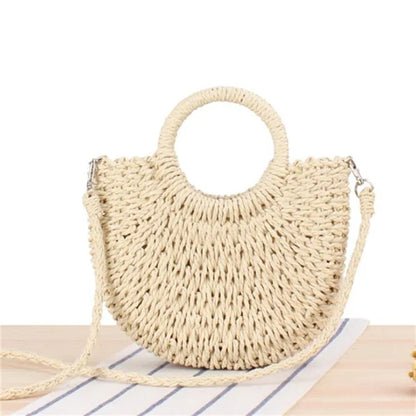 Handmade Half-Round Rattan Woven Straw Crossbody Bag for Women