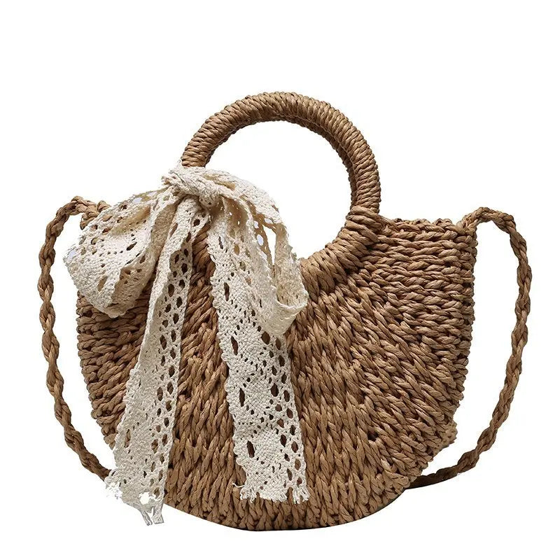Handmade Half-Round Rattan Woven Straw Crossbody Bag for Women