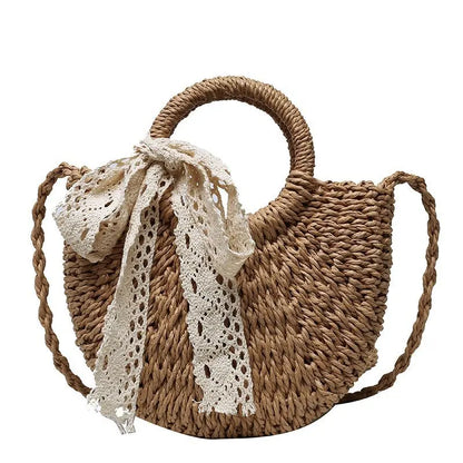 Handmade Half-Round Rattan Woven Straw Crossbody Bag for Women