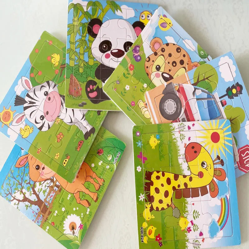 Wooden Kids Puzzle – Cartoon Animal & Vehicle Jigsaw Toy (9–12 Pcs)