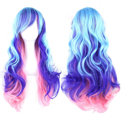 Soowee Synthetic Hair Ombre Rainbow Cosplay Wig Bangs Red Yellow Purple Green Blue Wigs Black Women