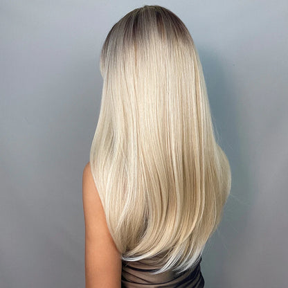 Gemma Ombre Brown Blonde Long Straight Synthetic Wigs Bangs Cosplay Wig Women Temperature Natural