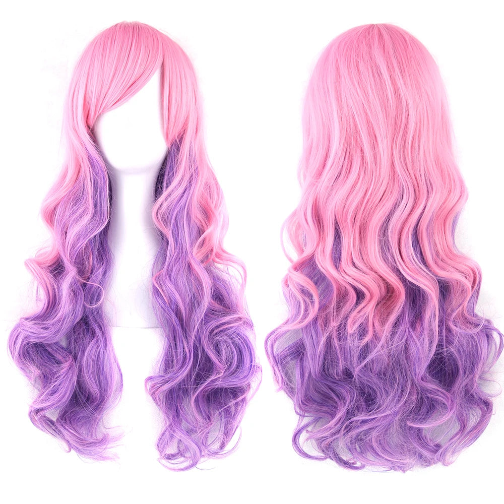 Soowee Synthetic Hair Ombre Rainbow Cosplay Wig Bangs Red Yellow Purple Green Blue Wigs Black Women
