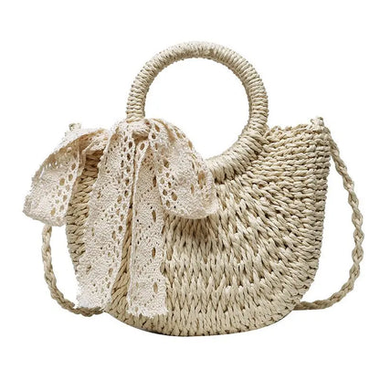 Handmade Half-Round Rattan Woven Straw Crossbody Bag for Women
