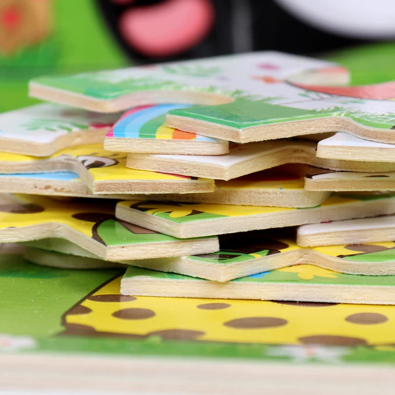 Wooden Kids Puzzle – Cartoon Animal & Vehicle Jigsaw Toy (9–12 Pcs)