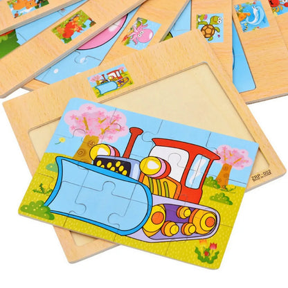 Wooden Kids Puzzle – Cartoon Animal & Vehicle Jigsaw Toy (9–12 Pcs)