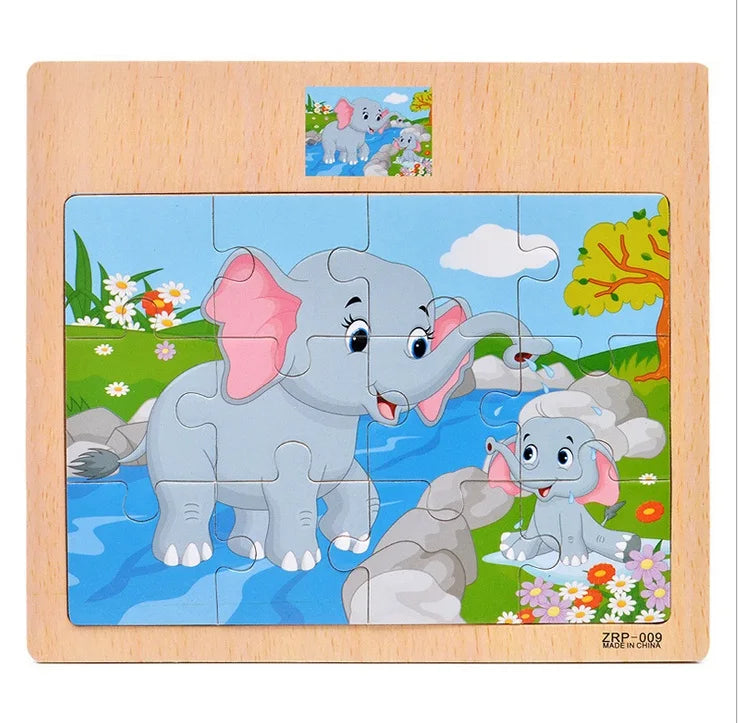 Wooden Kids Puzzle – Cartoon Animal & Vehicle Jigsaw Toy (9–12 Pcs)