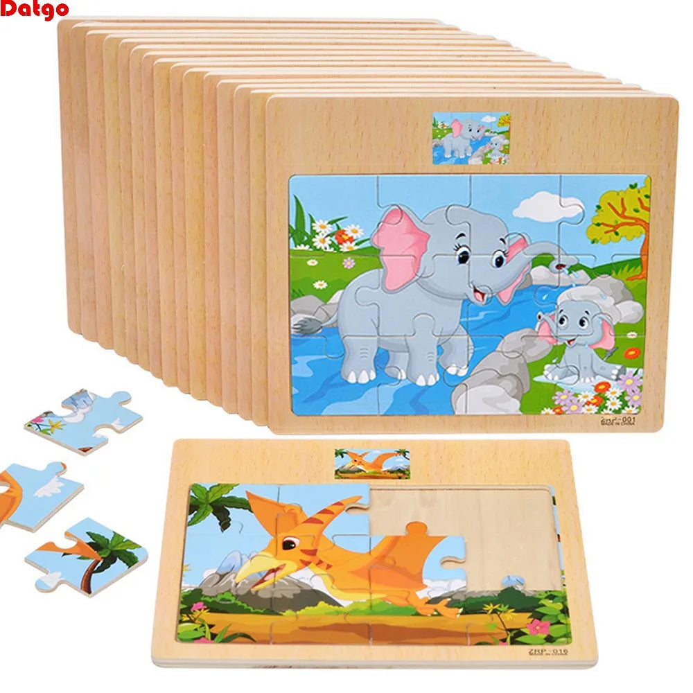 Wooden Kids Puzzle – Cartoon Animal & Vehicle Jigsaw Toy (9–12 Pcs)