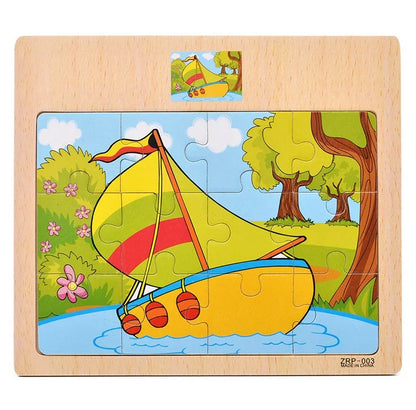 Wooden Kids Puzzle – Cartoon Animal & Vehicle Jigsaw Toy (9–12 Pcs)