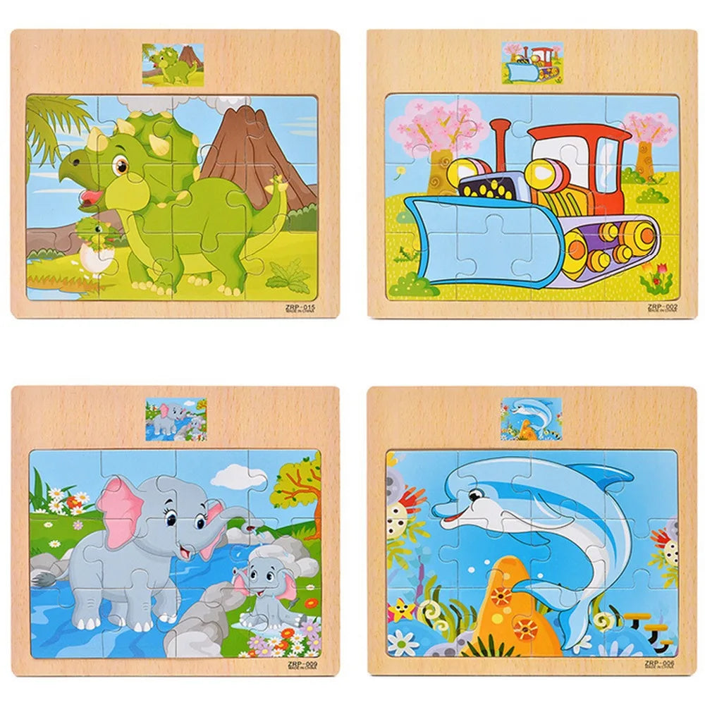 Wooden Kids Puzzle – Cartoon Animal & Vehicle Jigsaw Toy (9–12 Pcs)