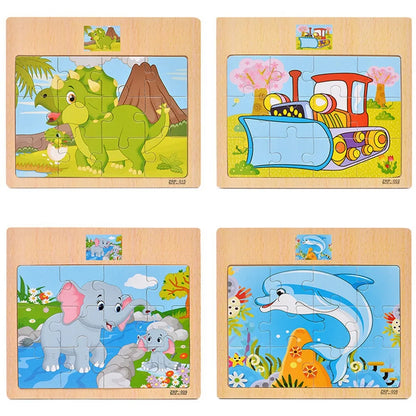 Wooden Kids Puzzle – Cartoon Animal & Vehicle Jigsaw Toy (9–12 Pcs)