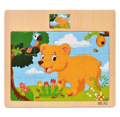 Wooden Kids Puzzle – Cartoon Animal & Vehicle Jigsaw Toy (9–12 Pcs)